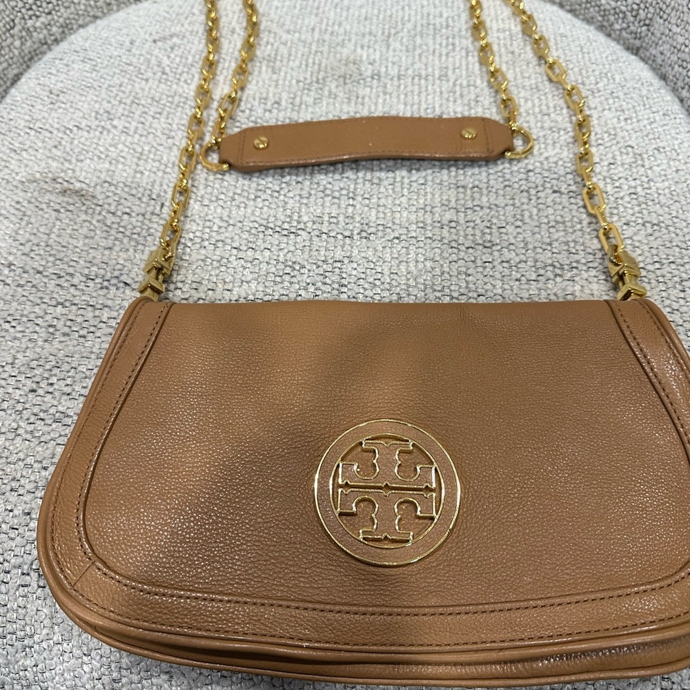 Tory Burch Tan Leather Crossbody Bag with Gold Chain